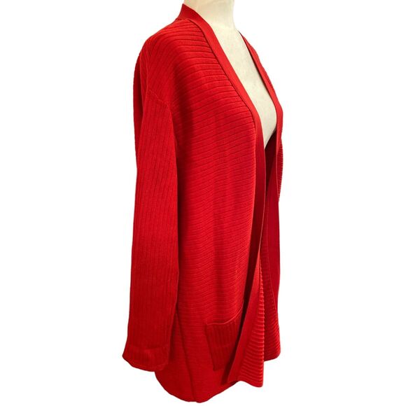 J Jill Long Cardigan Sweater Women Ribbed Medium Duster Pockets Academia‎ Red - Picture 2 of 6